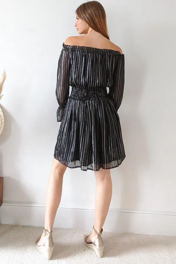 Sosandar Dresses Women Black and Silver Lurex Stripe Bardot Dress Black Silver