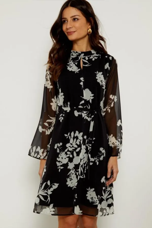 Sosandar Dresses Women Black and White Floral Print Belted Shift Dress Black White Sosandar Dresses Women Black and White Floral Print Belted Shift Dress Black White