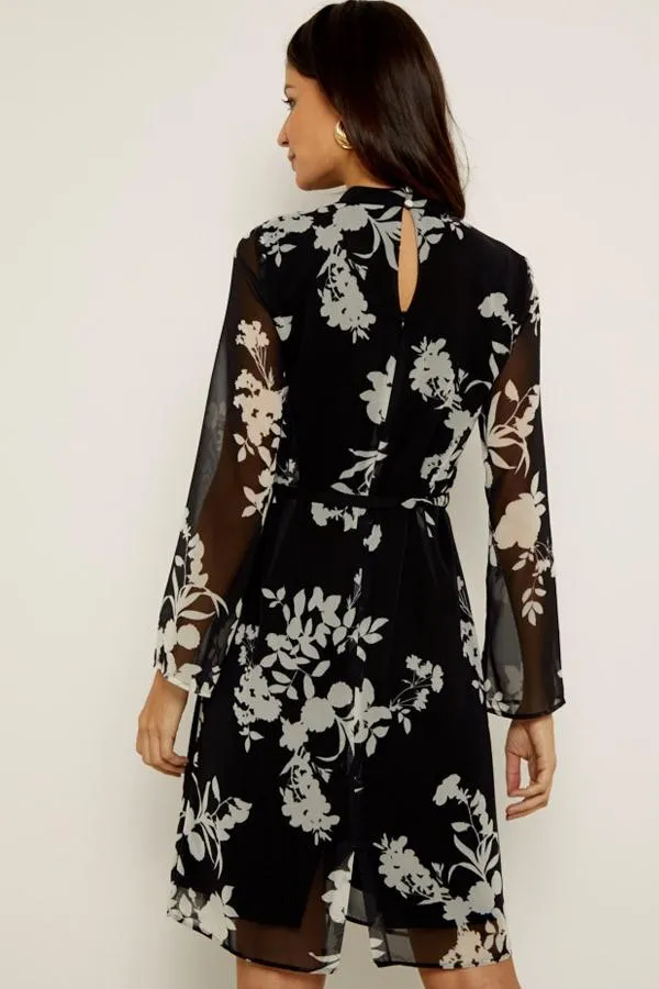 Sosandar Dresses Women Black and White Floral Print Belted Shift Dress Black White