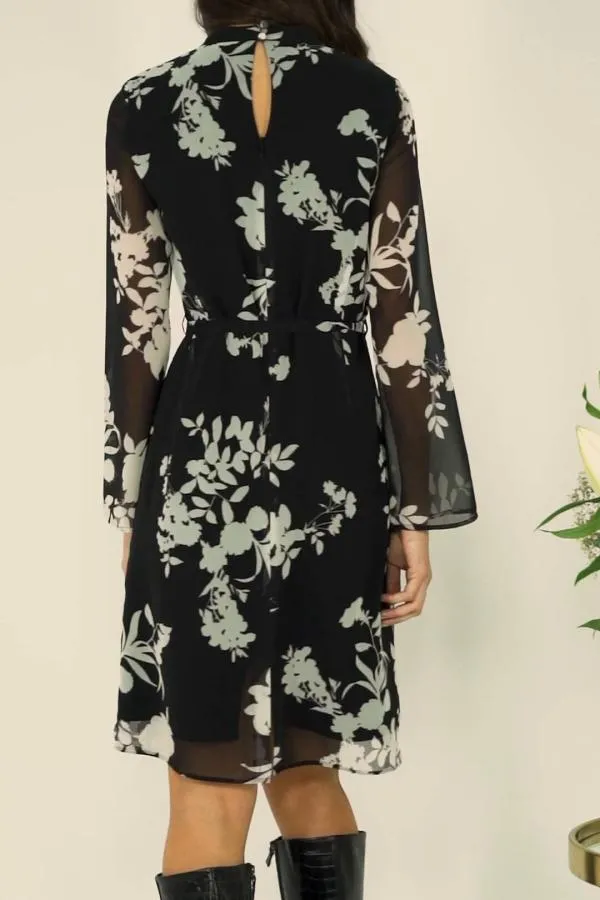 Sosandar Dresses Women Black and White Floral Print Belted Shift Dress Black White