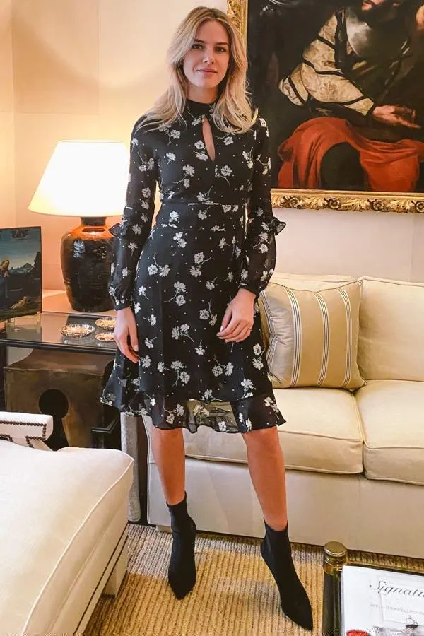 Sosandar Dresses Women Black and White Floral Print Fit and Flare Ruffle Dress Black White