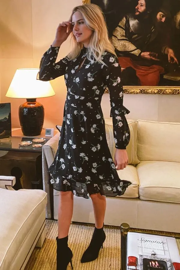 Sosandar Dresses Women Black and White Floral Print Fit and Flare Ruffle Dress Black White