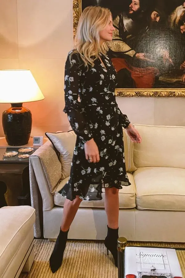 Sosandar Dresses Women Black and White Floral Print Fit and Flare Ruffle Dress Black White