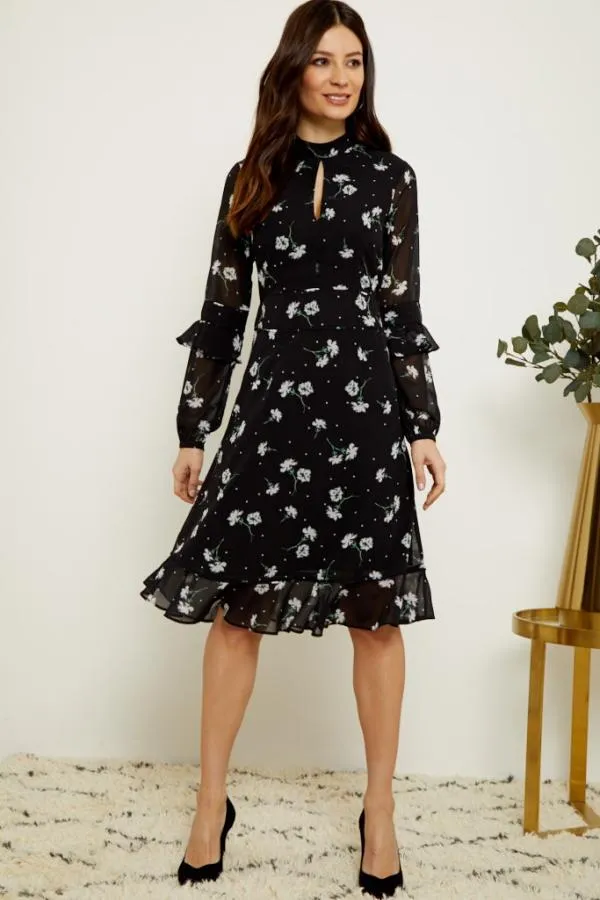 Sosandar Dresses Women Black and White Floral Print Fit and Flare Ruffle Dress Black White
