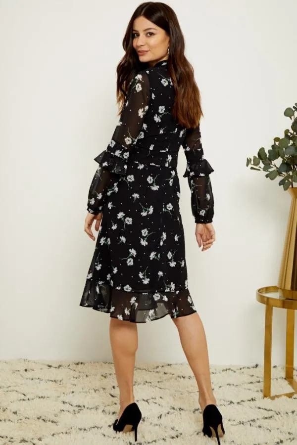 Sosandar Dresses Women Black and White Floral Print Fit and Flare Ruffle Dress Black White