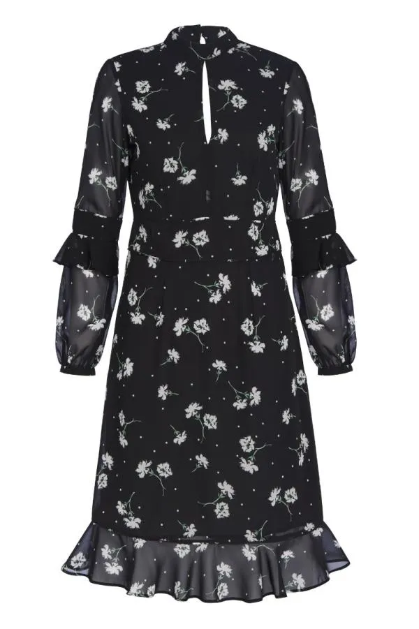 Sosandar Dresses Women Black and White Floral Print Fit and Flare Ruffle Dress Black White