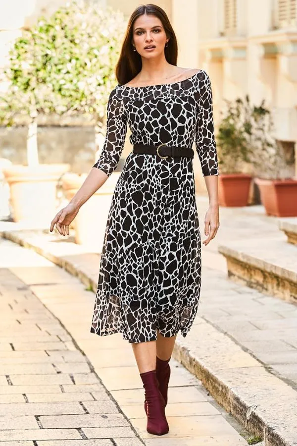 Sosandar Dresses Women Black and White Morocco Print Bardot Mesh Dress Black White Sosandar Dresses Women Black and White Morocco Print Bardot Mesh Dress Black White