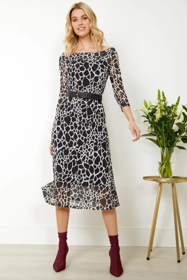 Sosandar Dresses Women Black and White Morocco Print Bardot Mesh Dress Black White