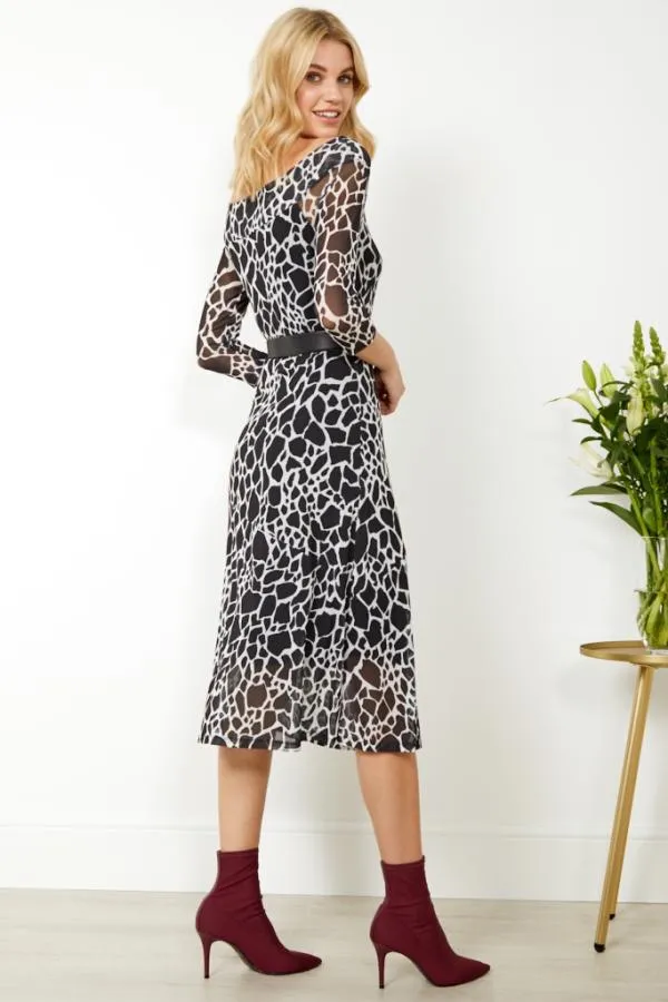 Sosandar Dresses Women Black and White Morocco Print Bardot Mesh Dress Black White