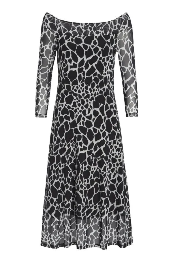 Sosandar Dresses Women Black and White Morocco Print Bardot Mesh Dress Black White