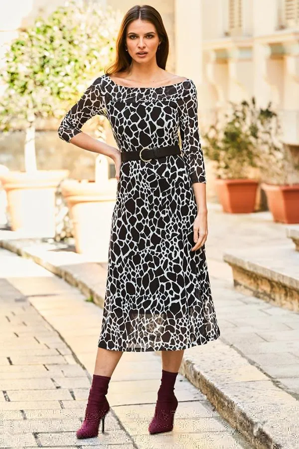 Sosandar Dresses Women Black and White Morocco Print Bardot Mesh Dress Black White