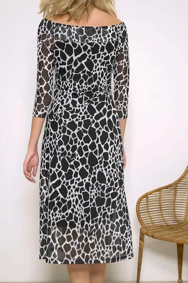 Sosandar Dresses Women Black and White Morocco Print Bardot Mesh Dress Black White