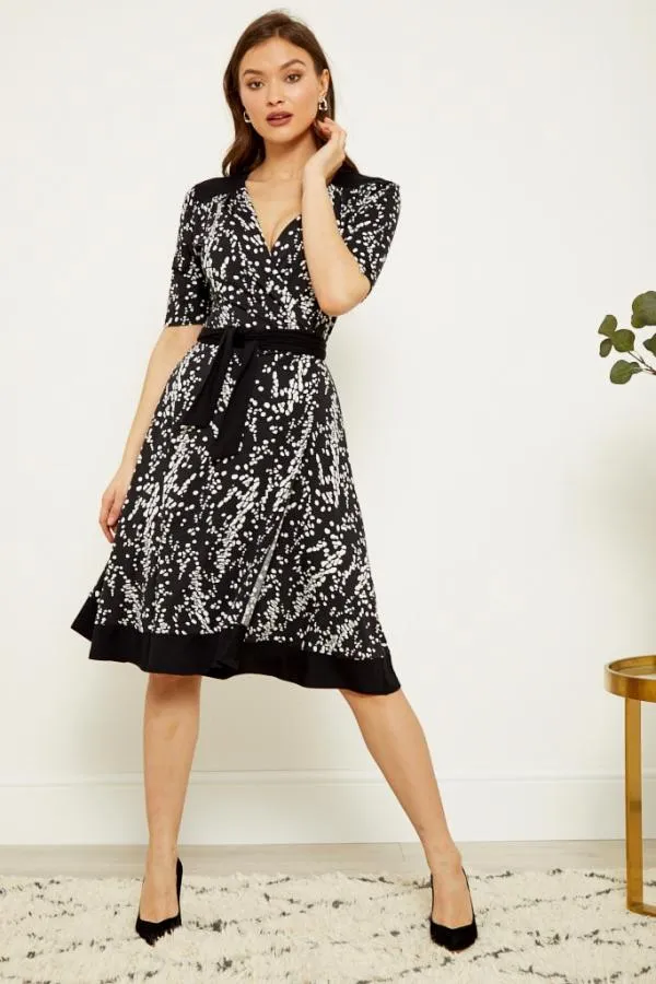 Sosandar Dresses Women Black and White Print Belted Wrap Dress Black White