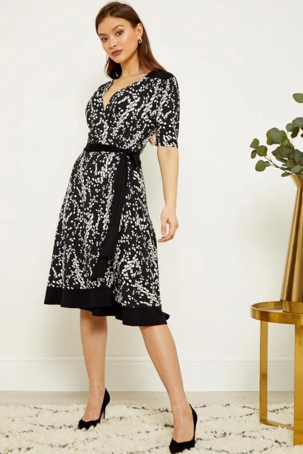 Sosandar Dresses Women Black and White Print Belted Wrap Dress Black White