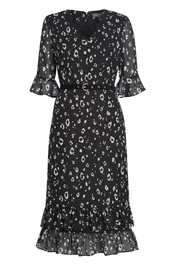 Sosandar Dresses Women Black and White Print Belted Wrap Dress Black White