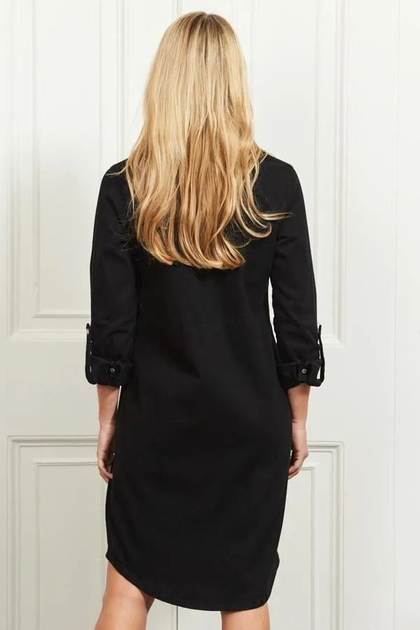 Sosandar Dresses Women Black Denim Popper Front Relaxed Fit Shirt Dress Black