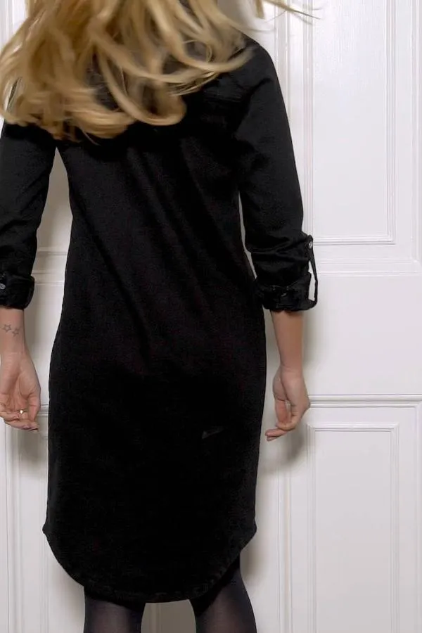 Sosandar Dresses Women Black Denim Popper Front Relaxed Fit Shirt Dress Black