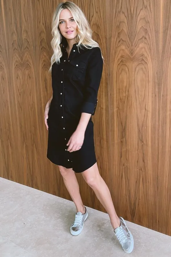 Sosandar Dresses Women Black Denim Popper Front Relaxed Fit Shirt Dress Black