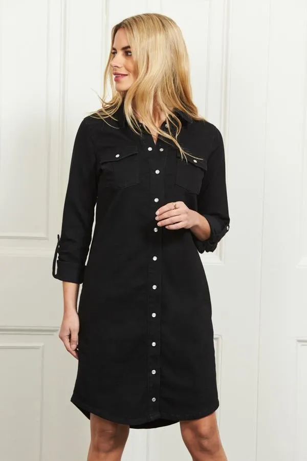 Sosandar Dresses Women Black Denim Popper Front Relaxed Fit Shirt Dress Black