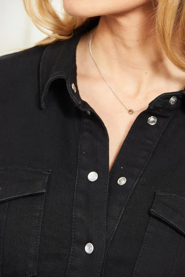Sosandar Dresses Women Black Denim Popper Front Relaxed Fit Shirt Dress Black