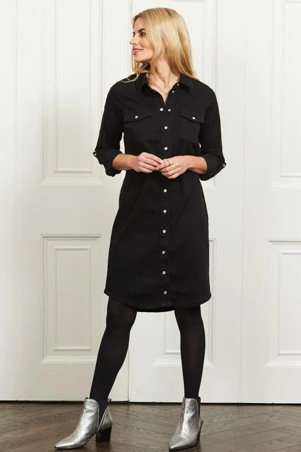 Sosandar Dresses Women Black Denim Popper Front Relaxed Fit Shirt Dress Black