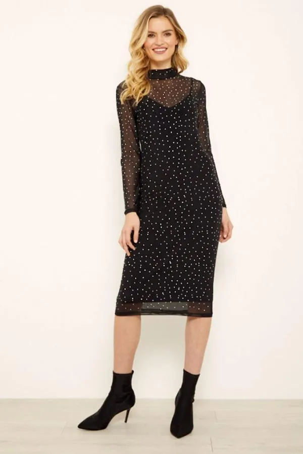 Sosandar Dresses Women Black Diamante Mesh Dress Black