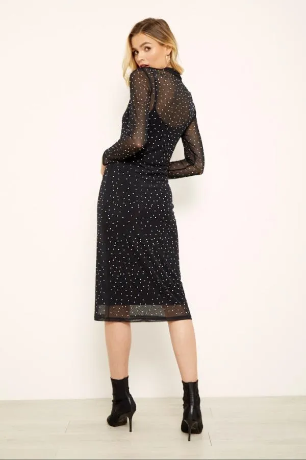 Sosandar Dresses Women Black Diamante Mesh Dress Black