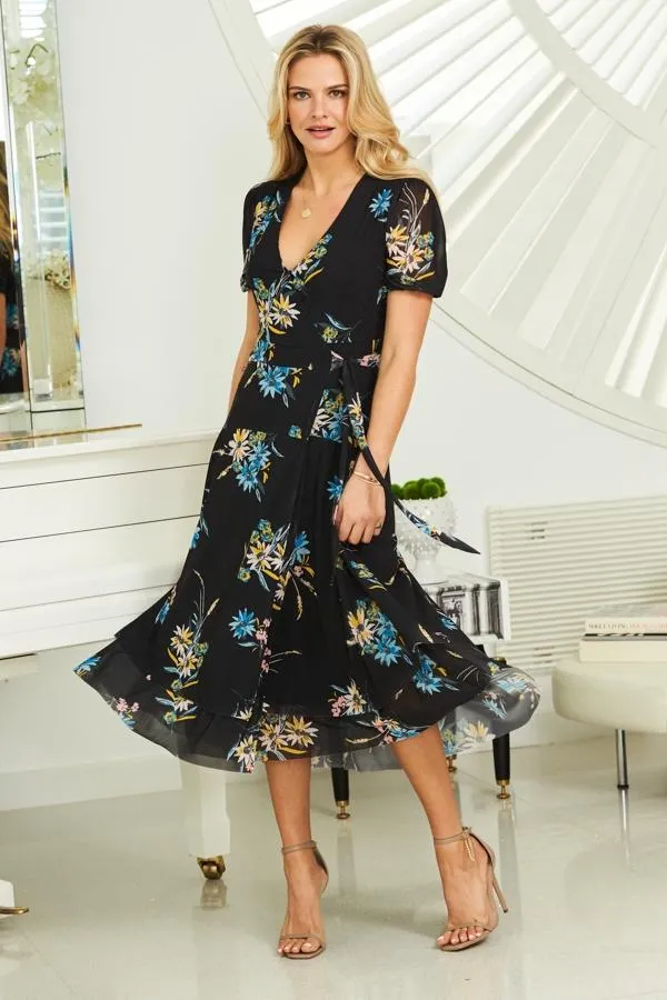 Sosandar Dresses Women Black Floral Print Mesh Wrap Dress Black