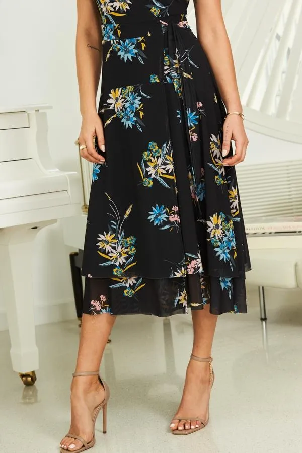Sosandar Dresses Women Black Floral Print Mesh Wrap Dress Black