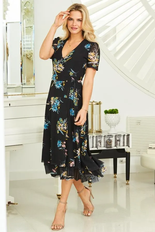 Sosandar Dresses Women Black Floral Print Mesh Wrap Dress Black