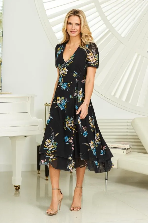 Sosandar Dresses Women Black Floral Print Mesh Wrap Dress Black