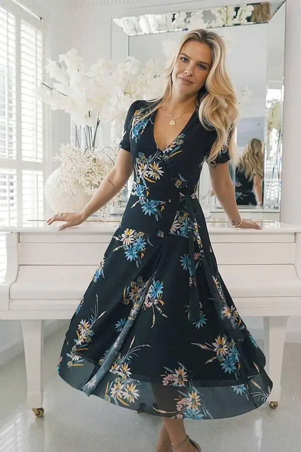 Sosandar Dresses Women Black Floral Print Mesh Wrap Dress Black