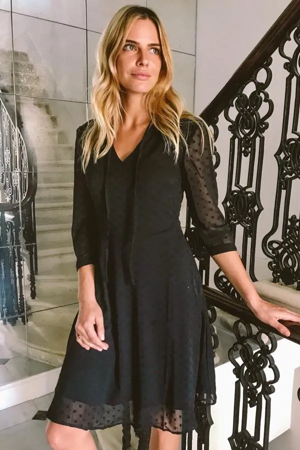 Sosandar Dresses Women Black Woven Spot Fit and Flare Tie Neck Dress Black