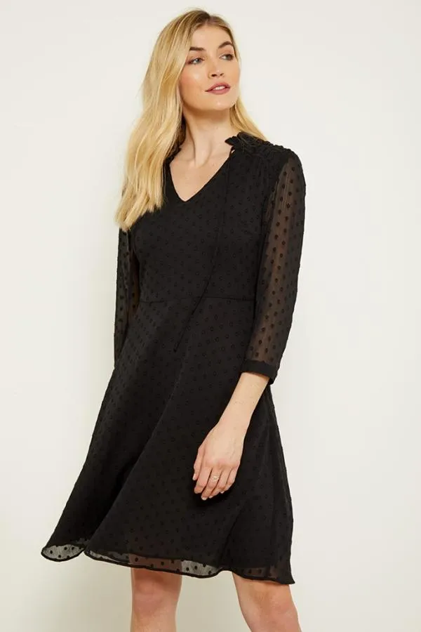 Sosandar Dresses Women Black Woven Spot Fit and Flare Tie Neck Dress Black
