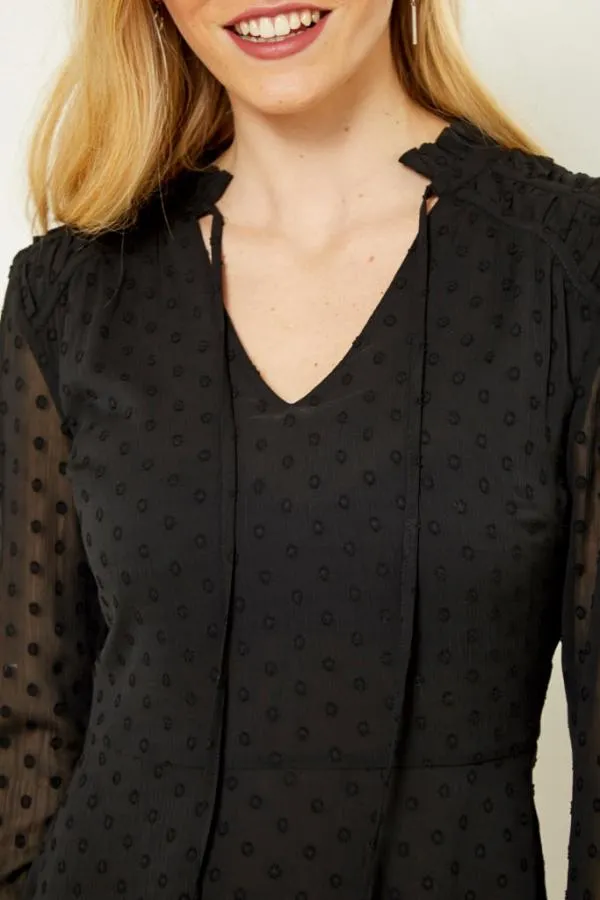Sosandar Dresses Women Black Woven Spot Fit and Flare Tie Neck Dress Black