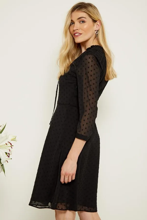 Sosandar Dresses Women Black Woven Spot Fit and Flare Tie Neck Dress Black