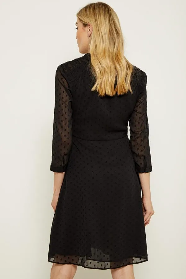 Sosandar Dresses Women Black Woven Spot Fit and Flare Tie Neck Dress Black