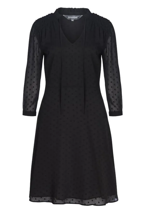 Sosandar Dresses Women Black Woven Spot Fit and Flare Tie Neck Dress Black