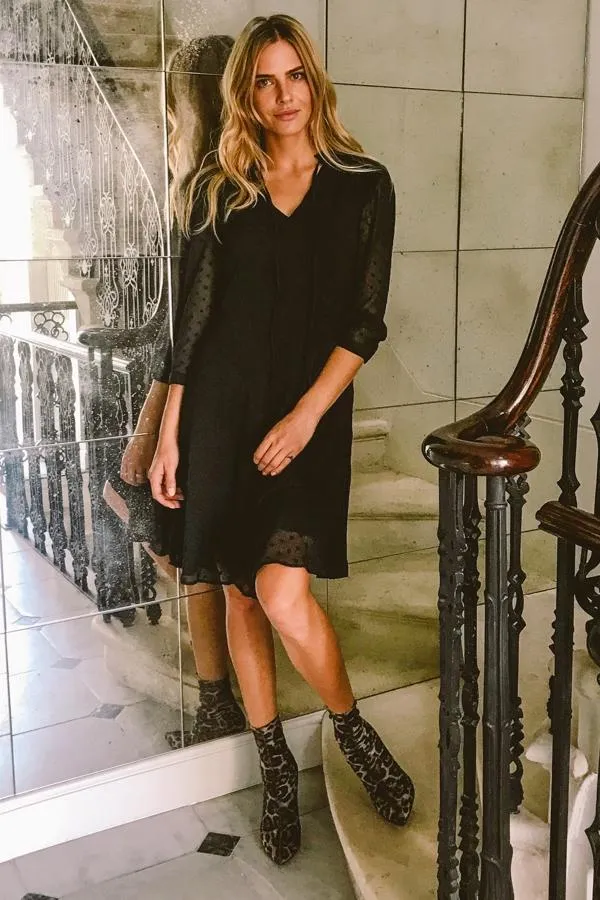 Sosandar Dresses Women Black Woven Spot Fit and Flare Tie Neck Dress Black