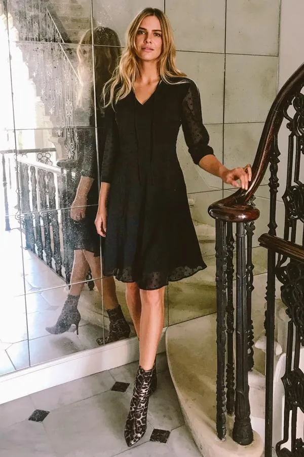 Sosandar Dresses Women Black Woven Spot Fit and Flare Tie Neck Dress Black