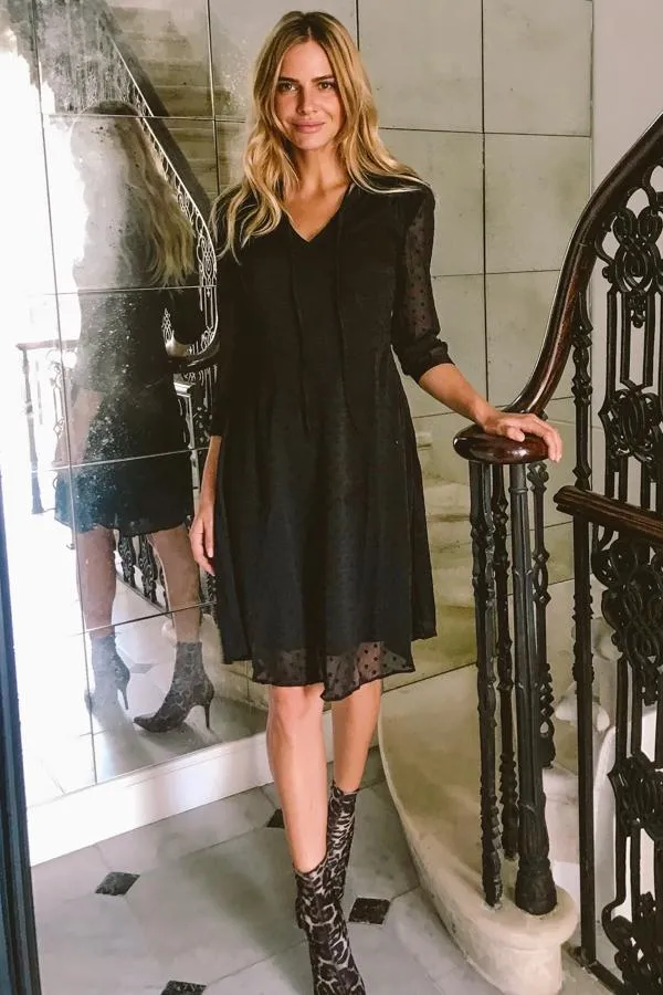 Sosandar Dresses Women Black Woven Spot Fit and Flare Tie Neck Dress Black