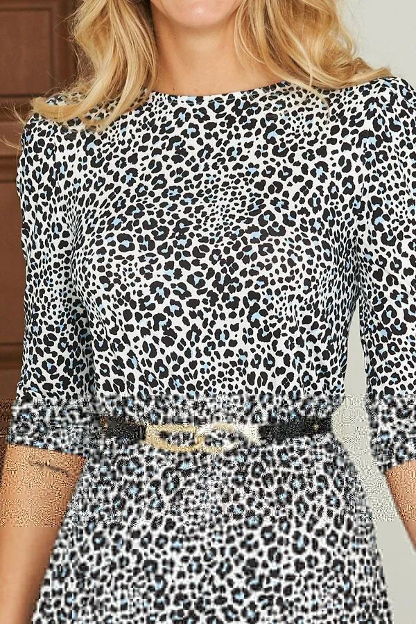 Sosandar Dresses Women Blue and Black Leopard Print Padded Shoulder Jersey Dress Blue Black
