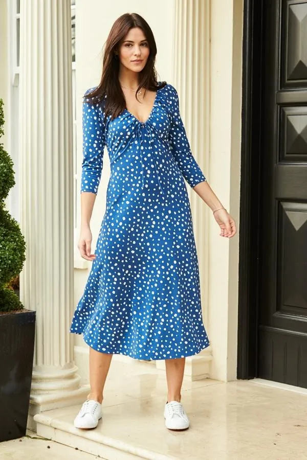 Sosandar Dresses Women Blue and Ivory Fleck Print Ruched Detail Midi Dress Blue
