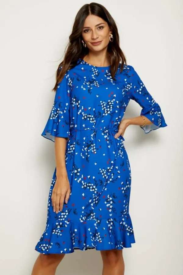 Sosandar Dresses Women Blue Floral Print Ruffle Hem Dress Blue