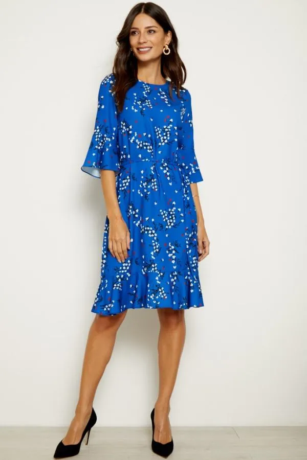 Sosandar Dresses Women Blue Floral Print Ruffle Hem Dress Blue