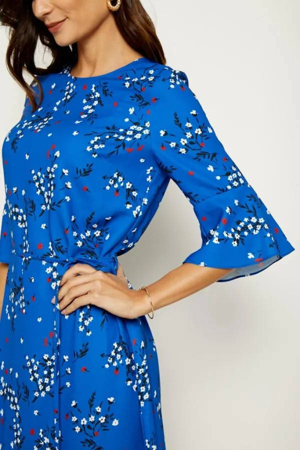 Sosandar Dresses Women Blue Floral Print Ruffle Hem Dress Blue