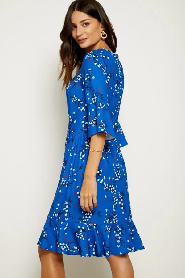 Sosandar Dresses Women Blue Floral Print Ruffle Hem Dress Blue