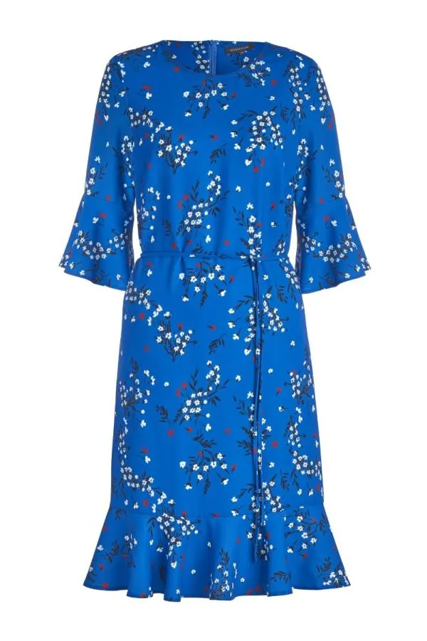 Sosandar Dresses Women Blue Floral Print Ruffle Hem Dress Blue