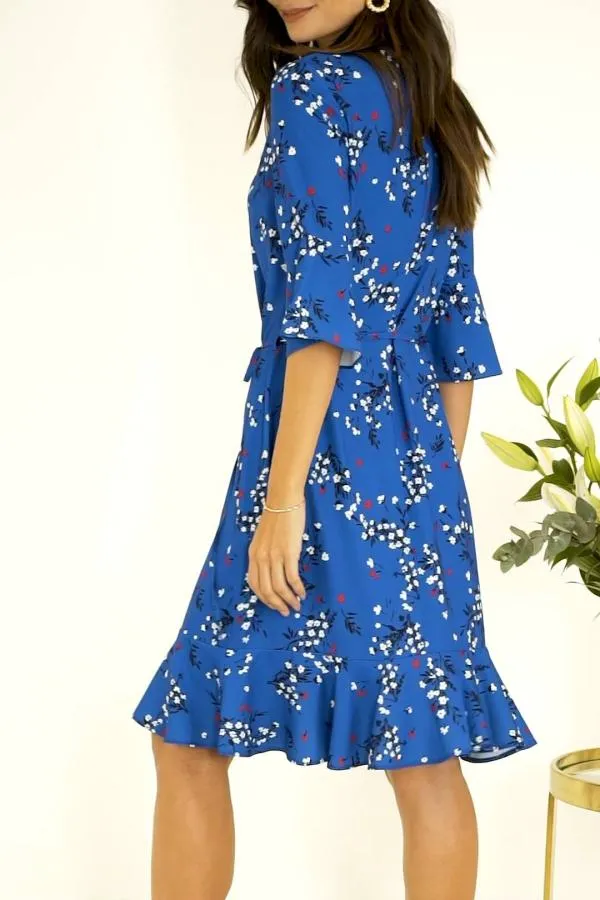 Sosandar Dresses Women Blue Floral Print Ruffle Hem Dress Blue