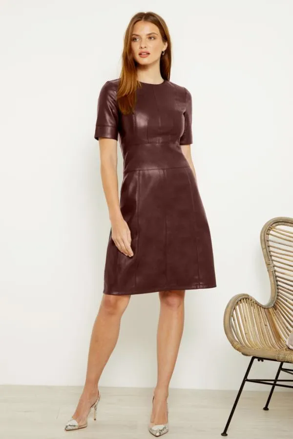 Sosandar Dresses Women Burgundy Leather Look Panelled Shift Dress Burgundy